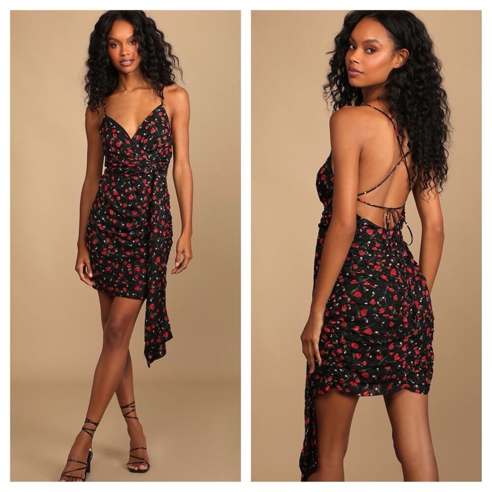 Lulus Got the Passion Black Floral Jacquard Lace-Up Ruched Mini Dress Small